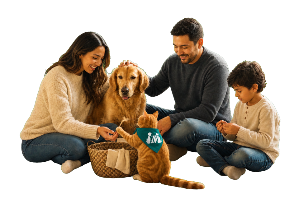 Familia colombiana compartiendo en casa con su perro y su gato